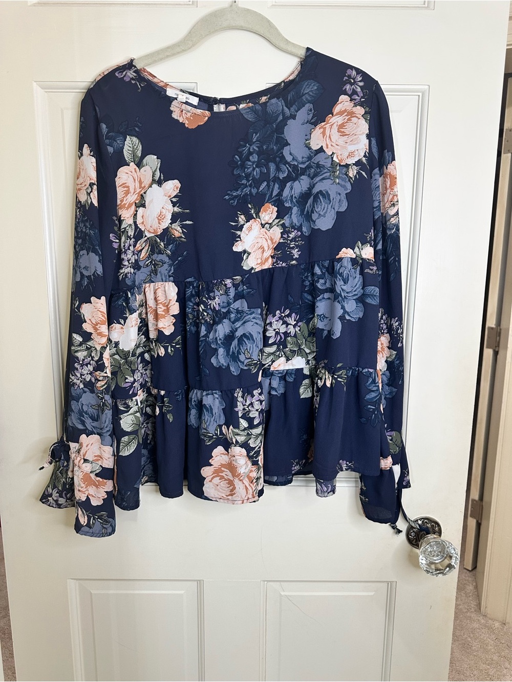 Maurices Navy Floral Tiered Peplum Blouse with Pink Accents size small